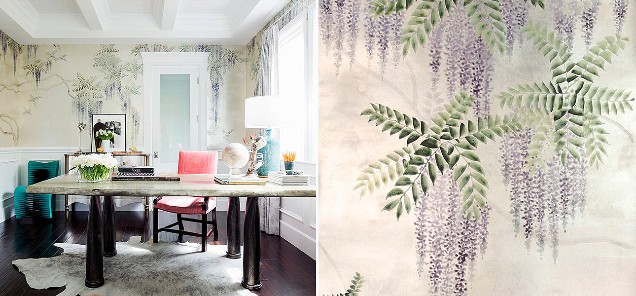 Обои в японском стиле Wisteria Lavender on White Metal gilded paper with pearlescent antiquing Обои в японском стиле Wisteria Lavender on White Metal gilded paper with pearlescent antiquing - Loft-Concept в Челябинске