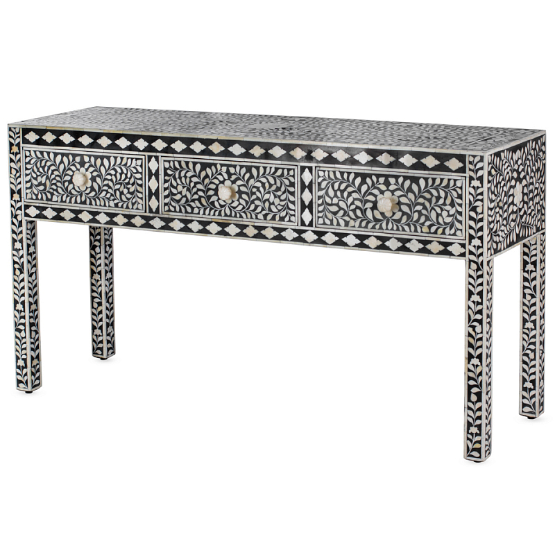 Консоль черный орнамент отделка кость BONE INLAY CONSOL TABLE 3 DRAWER ivory ( слоновая кость ) Черный в Челябинске | Loft Concept 
