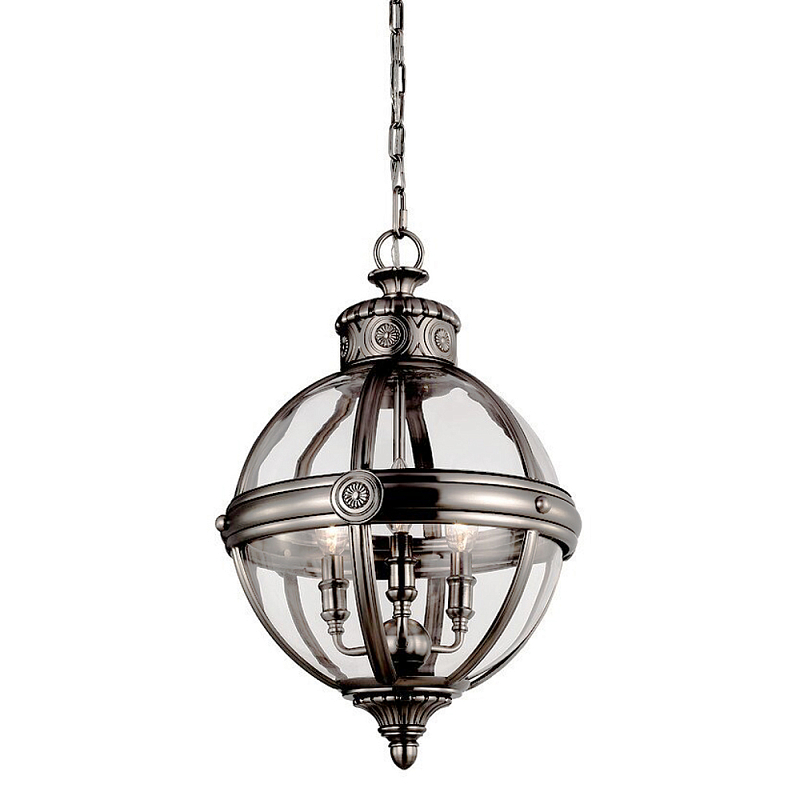 Подвесной светильник с прозрачным стеклянным плафоном в форме шара цвета никеля в индустриальном стиле на цепи 3 лампы Feiss Никель Прозрачное Стекло в Челябинске | Loft Concept 