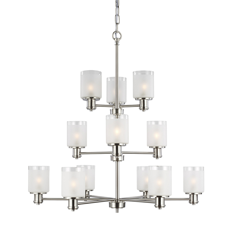 Люстра двухъярусная цвета никель с 12-ю матовыми цилиндрическими стеклянными плафонами Generation Lighting Никель Белый Бежевый в Челябинске | Loft Concept 