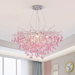 Люстра серебрянная с розовыми стеклянными подвесками в форме капель FAIRYTREE Light варинант исполнения - 1 | Loft Concept в Челябинске