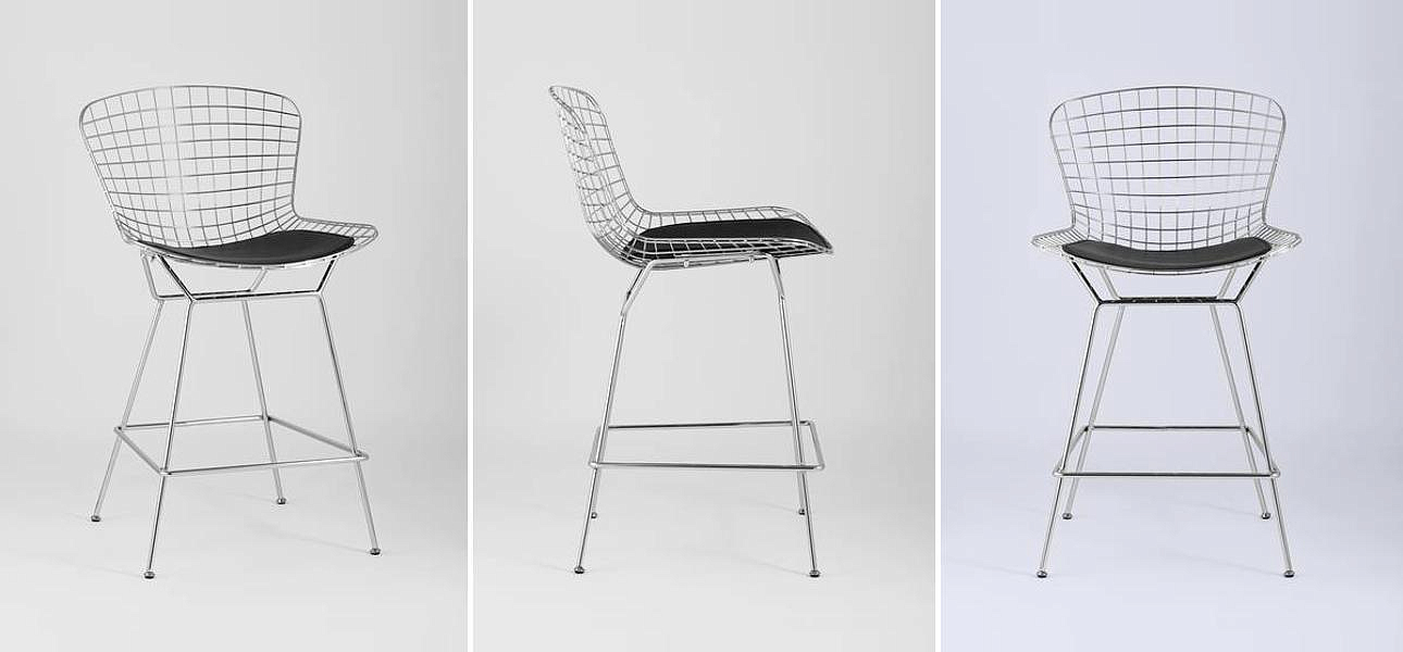 Полубарный стул Bertoia Barstool Хромированный с Черной подушкой Полубарный стул Bertoia Barstool Хромированный с Черной подушкой - Loft-Concept в Челябинске