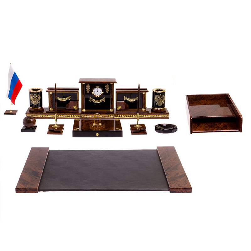 Настольный письменный набор с часами из природного камня обсидиана Royal Set Коричневый Бронза в Челябинске | Loft Concept 