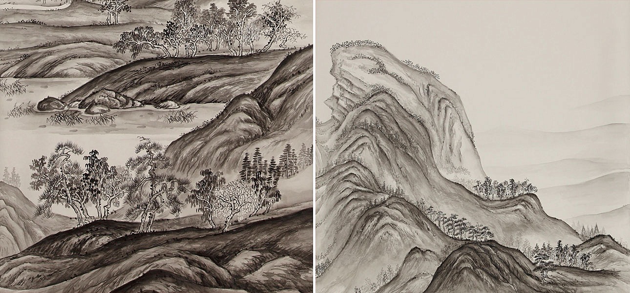 Обои ручная роспись A Thousand Li of Rivers and Mountains Special Colourway on Bleached White dyed silk Обои ручная роспись A Thousand Li of Rivers and Mountains Special Colourway on Bleached White dyed silk - Loft-Concept в Челябинске