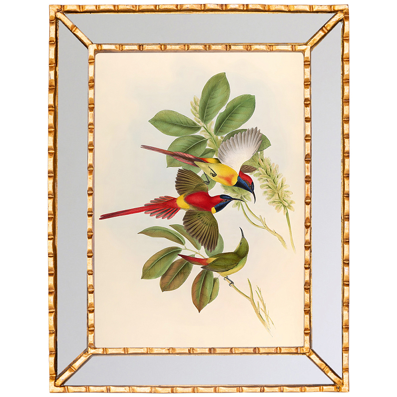 Постер с изображением птиц и цветов в зеркальной раме Blooming Birds Poster Золотой Мульти Бежевый Зеркало в Челябинске | Loft Concept 
