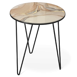 Стол журнальный с круглой столешницей из стекла на 3-х черных ножках Beige Marble