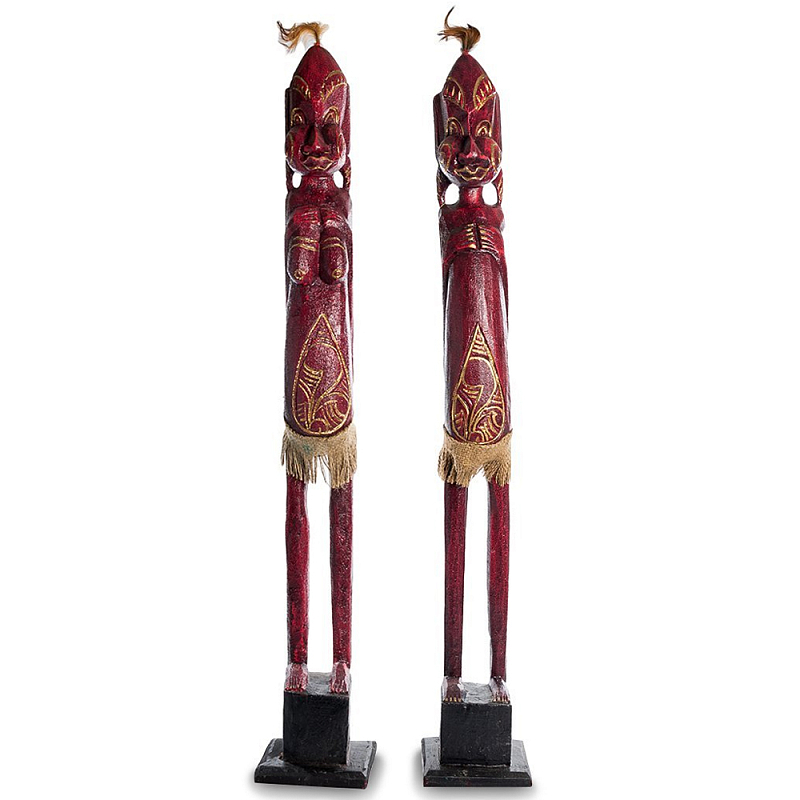 Комплект из 2-х деревянных статуэток Asmat Statuettes Red Красный Бежевый Золотой Черный Комплект из 2-х деревянных статуэток Asmat Statuettes Red Красный Бежевый Золотой Черный в Челябинске | Loft Concept