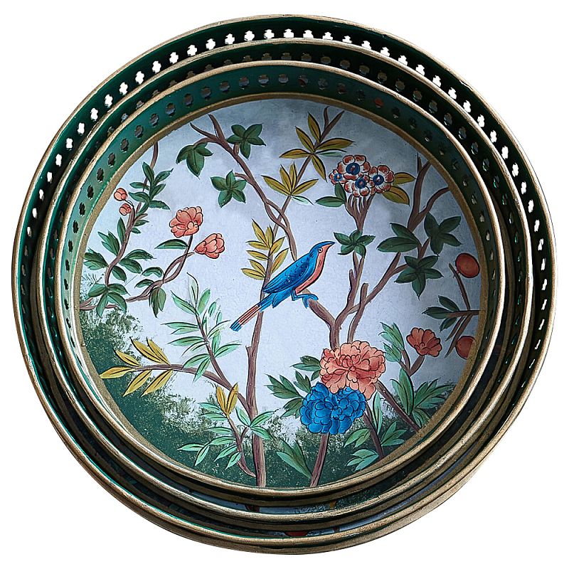 Комплект из 3-х подносов из металла в стиле Шинуазри Chinoiserie Flower Мульти Комплект из 3-х подносов из металла в стиле Шинуазри Chinoiserie Flower Мульти в Челябинске | Loft Concept