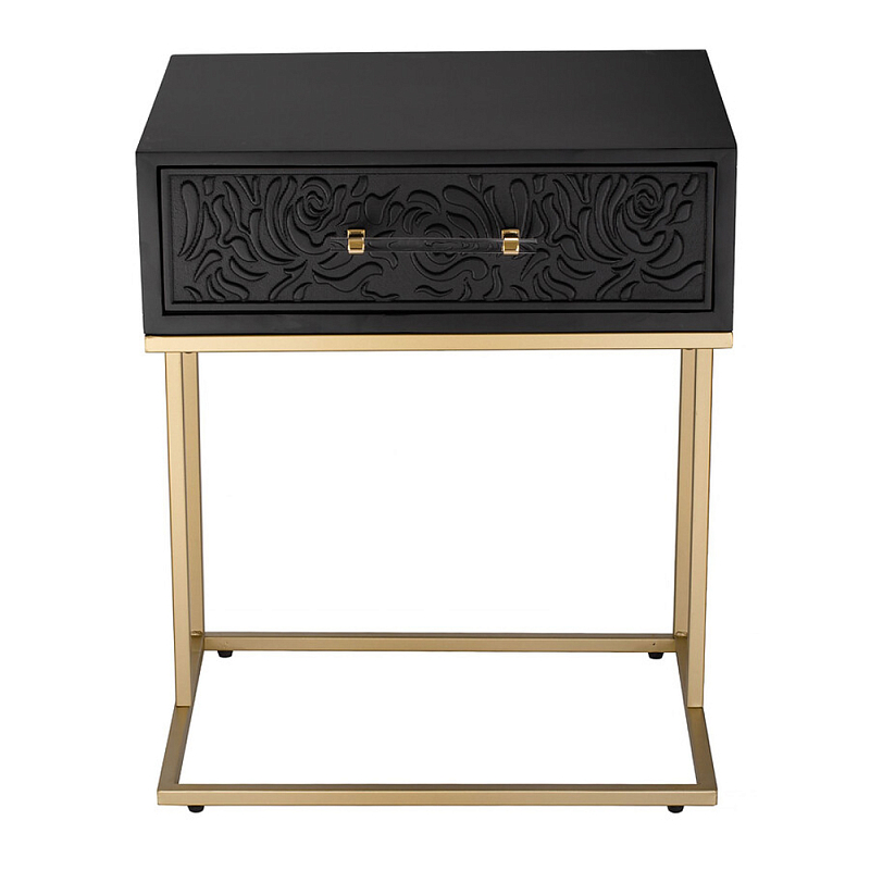 Приставной столик с резным узором на выдвижном ящике Black Table Carved Pattern Черный Золотой в Челябинске | Loft Concept 