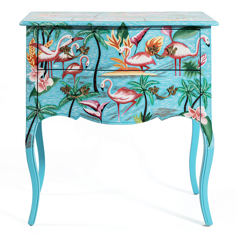 Комод с росписью Розовый фламинго L.XV CHEST OF DRAWERS Flowers with Flamingo Голубой Мульти в Челябинске | Loft Concept 