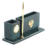 Настольный письменный набор с гербом России и часами из природного камня змеевик Successful Leader варинант исполнения - 2 | Loft Concept в Челябинске