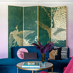 Обои ручная роспись в стиле Арт-деко Whistler Peacocks Original colourway on green painted silk варинант исполнения - 1 | Loft Concept в Челябинске