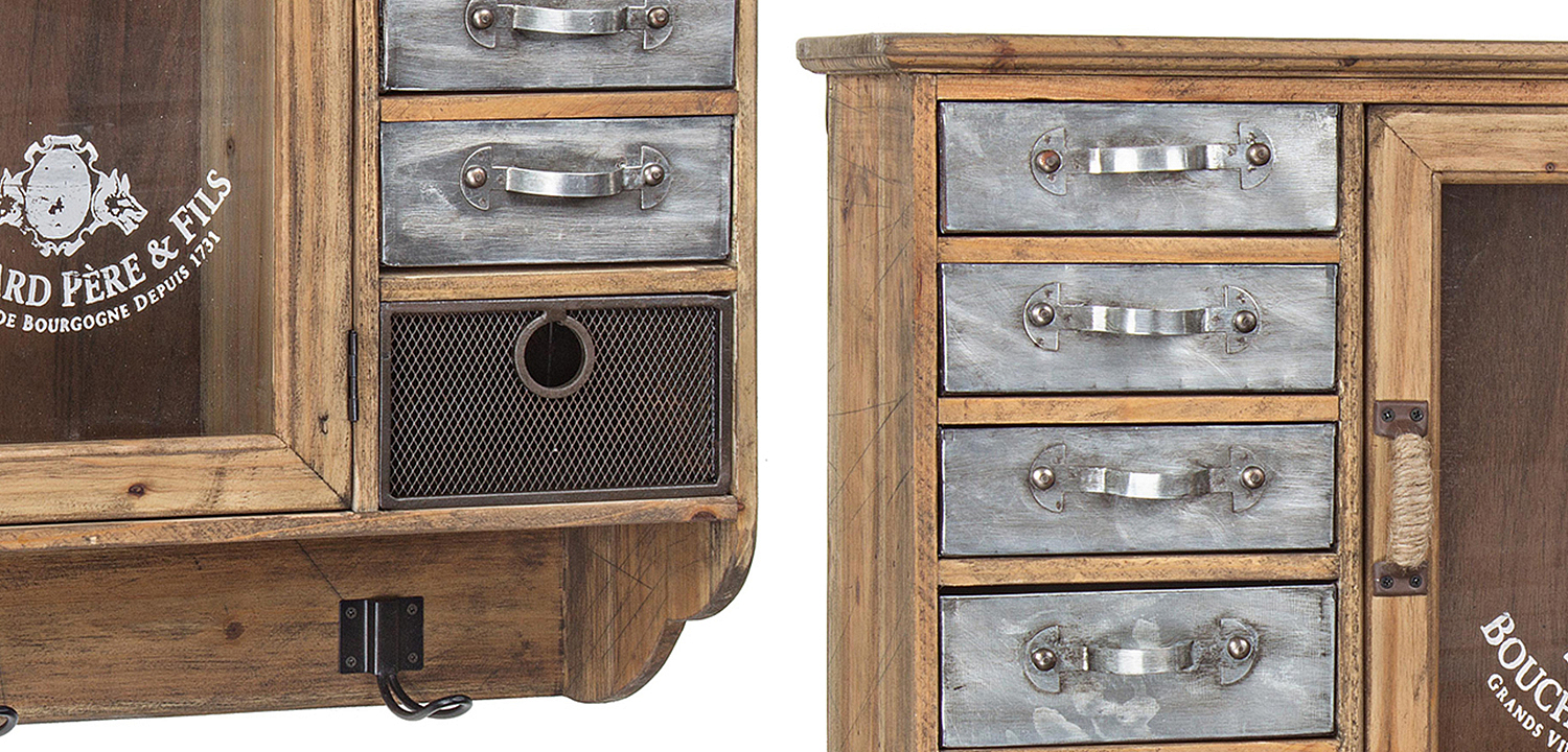 Полка в винтажном стиле с витриной и металлическими выдвижными ящиками Vintage Wood Shelf Полка в винтажном стиле с витриной и металлическими выдвижными ящиками Vintage Wood Shelf - Loft-Concept в Челябинске