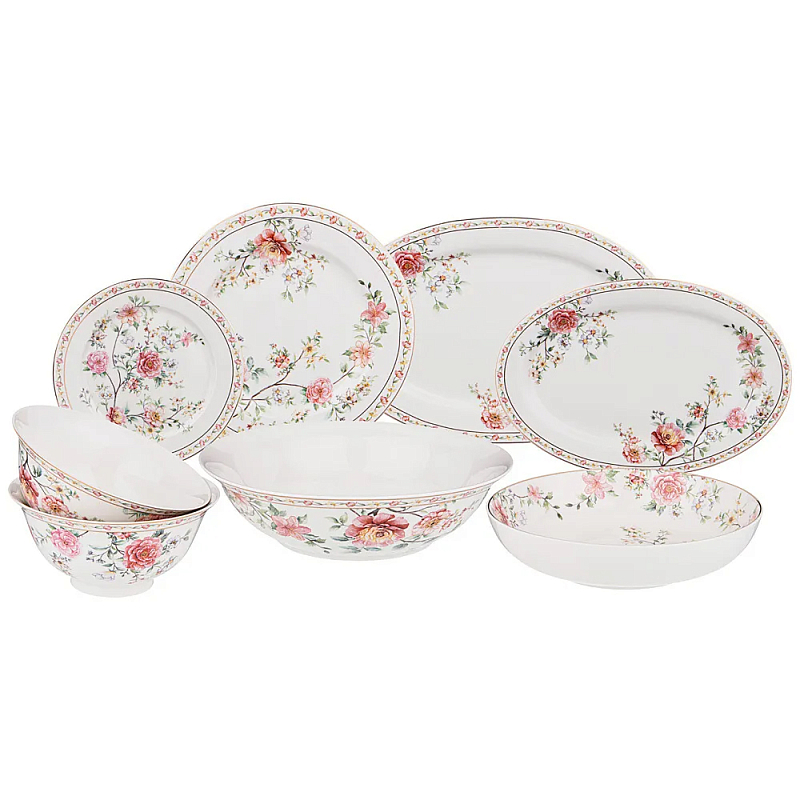 Сервиз обеденный из фарфора 23 предмета Flower Porcelain Collection Белый Красный Зеленый Сервиз обеденный из фарфора 23 предмета Flower Porcelain Collection Белый Красный Зеленый в Челябинске | Loft Concept