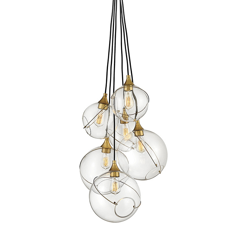 Подвесной светильник с шестью прозрачными стеклянными шарообразными плафонами Hinkley Латунь Прозрачное Стекло в Челябинске | Loft Concept 