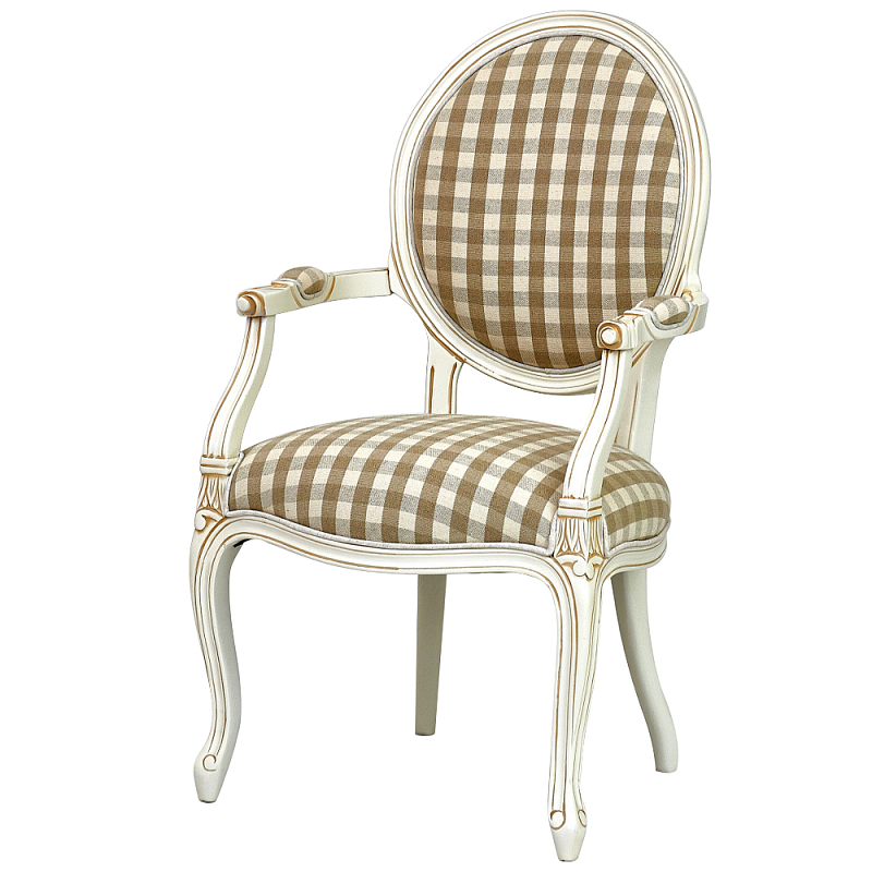 Стул с подлокотниками и круглой спинкой Checkered Upholstery Chair обивка в клетку ivory ( слоновая кость ) Коричневый Бежевый Стул с подлокотниками и круглой спинкой Checkered Upholstery Chair обивка в клетку ivory ( слоновая кость ) Коричневый Бежевый в Челябинске | Loft Concept