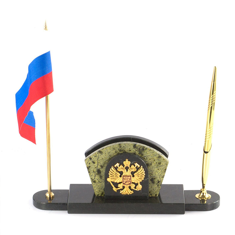 Визитница настольная с гербом и флагом России из природного камня змеевик Successful Leader Золотой Черный Визитница настольная с гербом и флагом России из природного камня змеевик Successful Leader Золотой Черный в Челябинске | Loft Concept