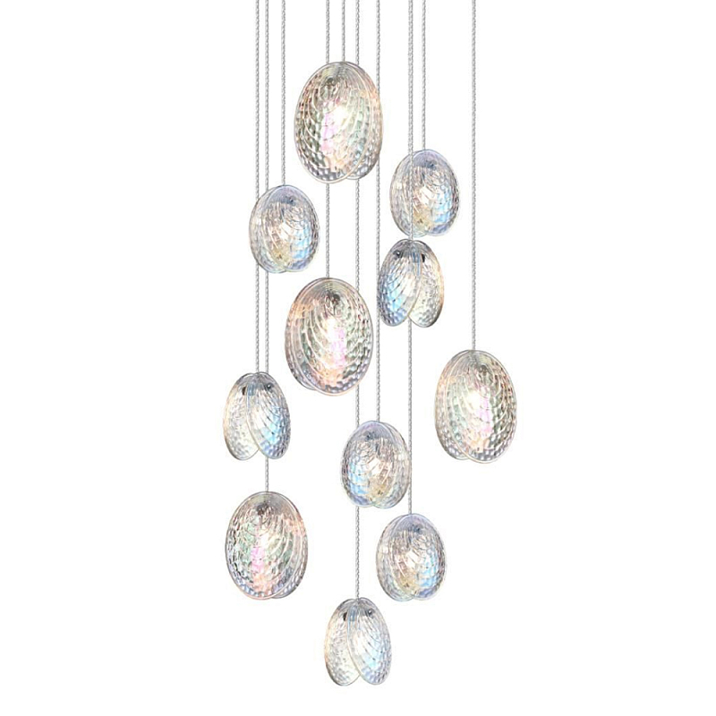 Люстра каскадная с 11-ю круглыми плафонами из рельефного стекла Disc Light Черный Прозрачный Перламутровый в Челябинске | Loft Concept 