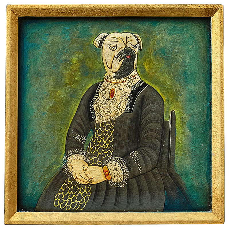 Картина в квадратной раме Chinoiserie Mops Dog Green Portrait Зеленый Бирюзовый Золотой Серый Мульти в Челябинске | Loft Concept 