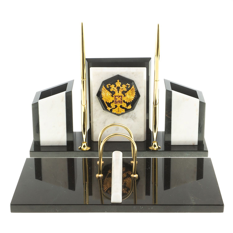 Настольный письменный набор из мрамора и змеевика с гербом России Marble Accessory Белый Черный в Челябинске | Loft Concept 