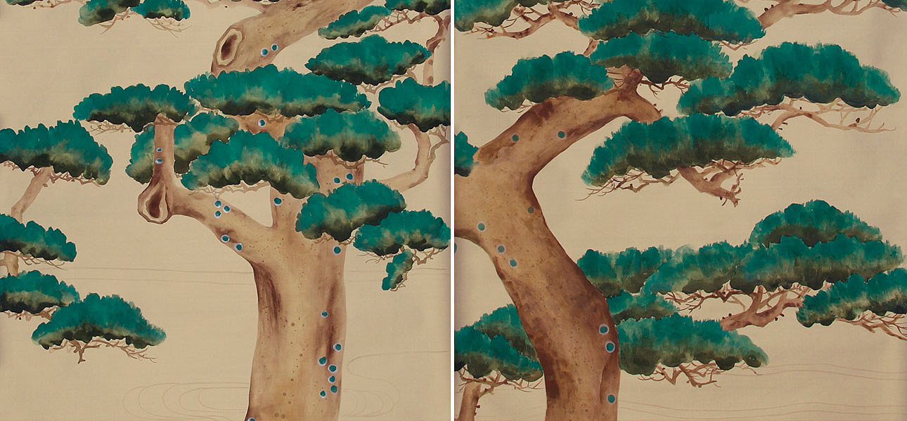 Обои ручная роспись Pine Trees Original colourway on New Faint Gold metallic silk Обои ручная роспись Pine Trees Original colourway on New Faint Gold metallic silk - Loft-Concept в Челябинске