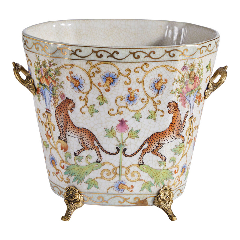 Кашпо с растительным и животным орнаментом на бронзовых ножках Turquoise Blooming Garden Мульти Бронза в Челябинске | Loft Concept 