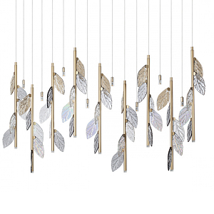 Люстра с золотистыми трубками и прозрачными стеклянными листьями на подвесах Sylva 