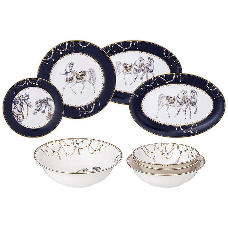 Сервиз обеденный из фарфора с изображением лошадей на 6 персон 23 предмета Porcelain Horse Set Белый Синий Сервиз обеденный из фарфора с изображением лошадей на 6 персон 23 предмета Porcelain Horse Set Белый Синий в Челябинске | Loft Concept