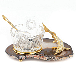 Икорница с ложкой с декором "Кадушка" с гравировкой на подставке из натурального камня Агат Decorative Cavair Dishes варинант исполнения - 1 | Loft Concept в Челябинске
