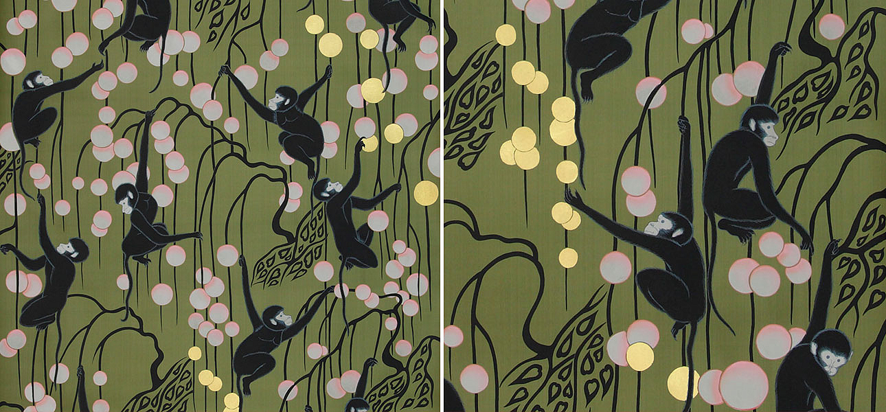 Обои ручная роспись Deco Monkeys Special Colourway on Olive dyed silk Обои ручная роспись Deco Monkeys Special Colourway on Olive dyed silk - Loft-Concept в Челябинске