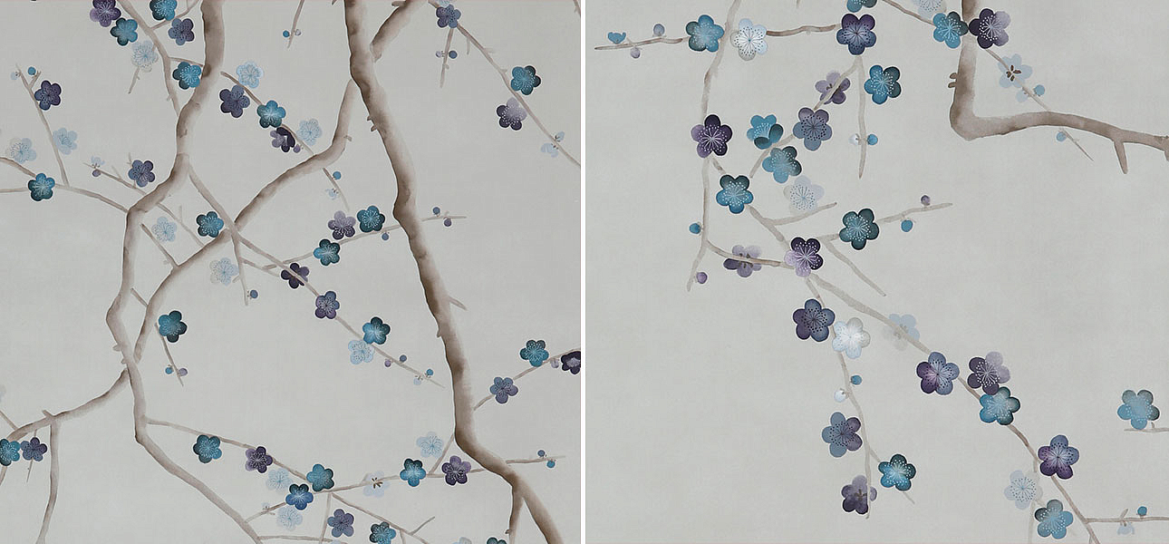 Обои ручная роспись Plum Blossom Colourway SC-81 on Oyster Shell metallic silk Обои ручная роспись Plum Blossom Colourway SC-81 on Oyster Shell metallic silk - Loft-Concept в Челябинске