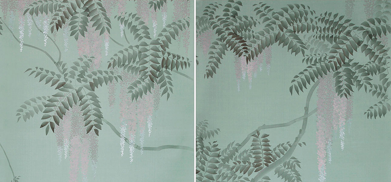 Обои в Японском стиле Wisteria Special Colourway on Blue Grey dyed silk Обои в Японском стиле Wisteria Special Colourway on Blue Grey dyed silk - Loft-Concept в Челябинске