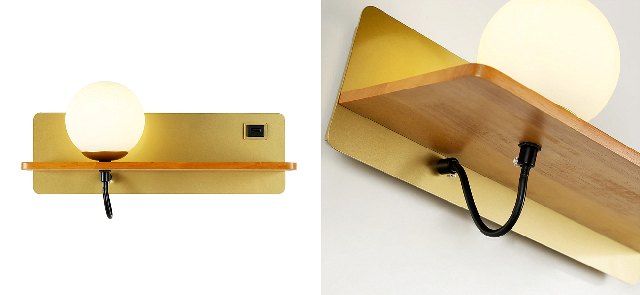 Бра с полкой Gold GAVIN WOOD USB Бра с полкой Gold GAVIN WOOD USB - Loft-Concept в Челябинске