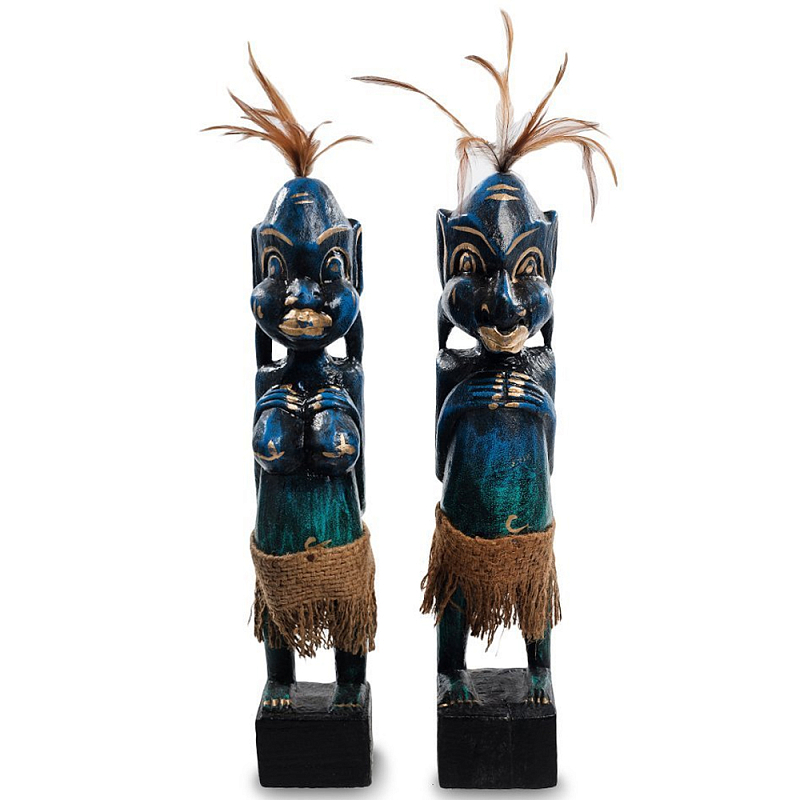 Комплект из 2-х деревянных статуэток Asmat Statuettes Dark Blue Темно-синий Бирюзовый Коричневый Черный Комплект из 2-х деревянных статуэток Asmat Statuettes Dark Blue Темно-синий Бирюзовый Коричневый Черный в Челябинске | Loft Concept
