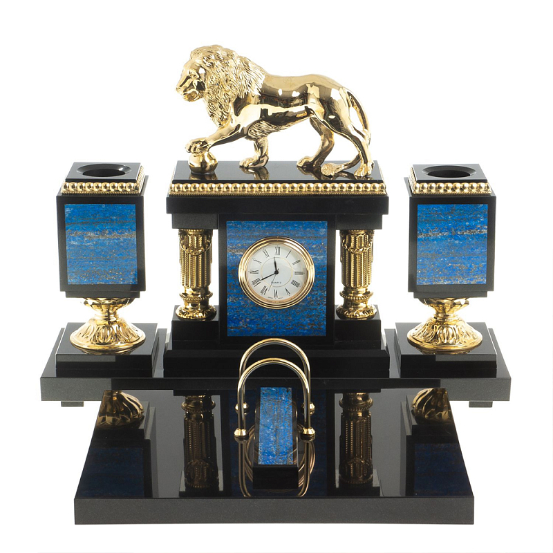 Настольный письменный набор из лазурита с декором в виде льва Golden Lion Лазурь Бронза Настольный письменный набор из лазурита с декором в виде льва Golden Lion Лазурь Бронза в Челябинске | Loft Concept