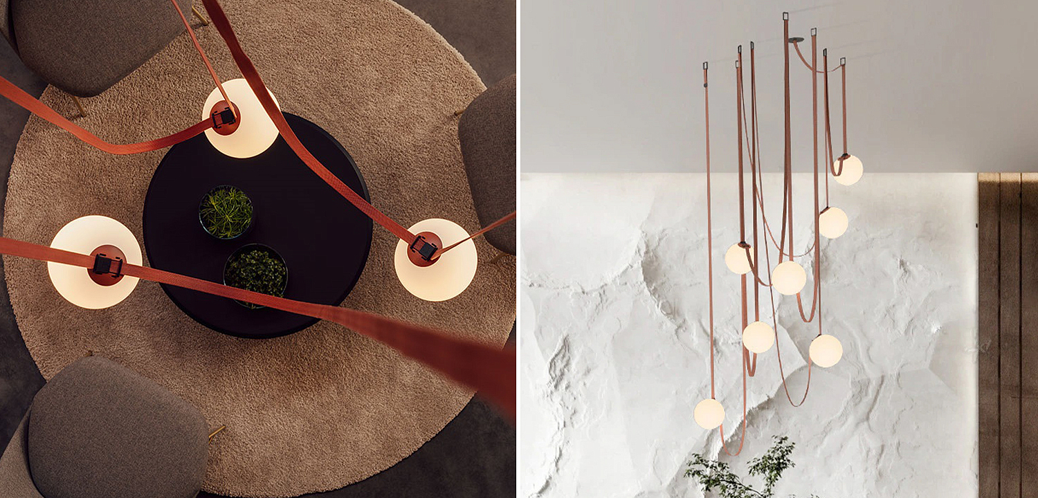 Vibia PLUSMINUS Серия подвесных светильников с белыми шарообразными плафонами из стекла на красных текстильных ремнях Vibia PLUSMINUS Серия подвесных светильников с белыми шарообразными плафонами из стекла на красных текстильных ремнях - Loft-Concept в Челябинске