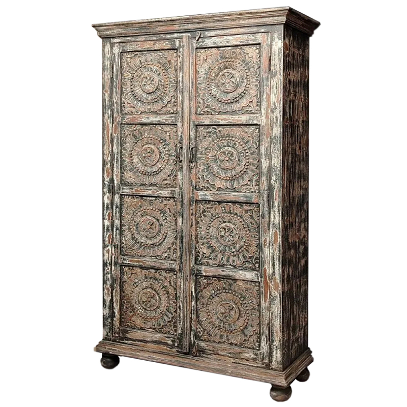 Индийский шкаф с орнаментом резьба из дерева Indian Antique Furniture Серый Индийский шкаф с орнаментом резьба из дерева Indian Antique Furniture Серый в Челябинске | Loft Concept