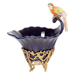 Чаша темно-синего цвета из фарфора с разноцветной птичкой Eden Garden porcelain and bronze