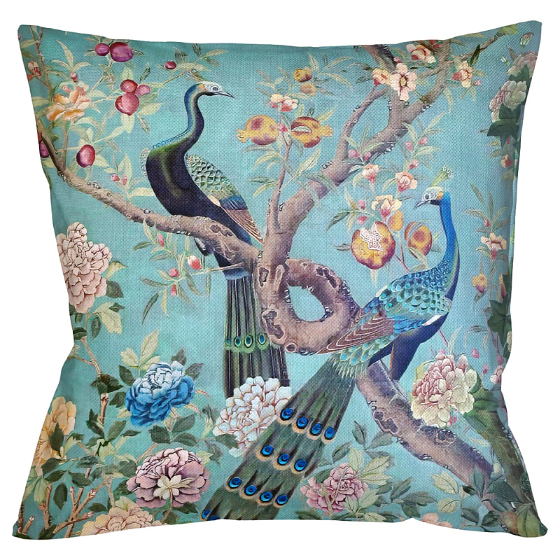 Подушка декоративная с изображением птиц в саду Chinoiserie Garden Two Peacocks Cushion Бирюзовый Мульти Подушка декоративная с изображением птиц в саду Chinoiserie Garden Two Peacocks Cushion Бирюзовый Мульти в Челябинске | Loft Concept