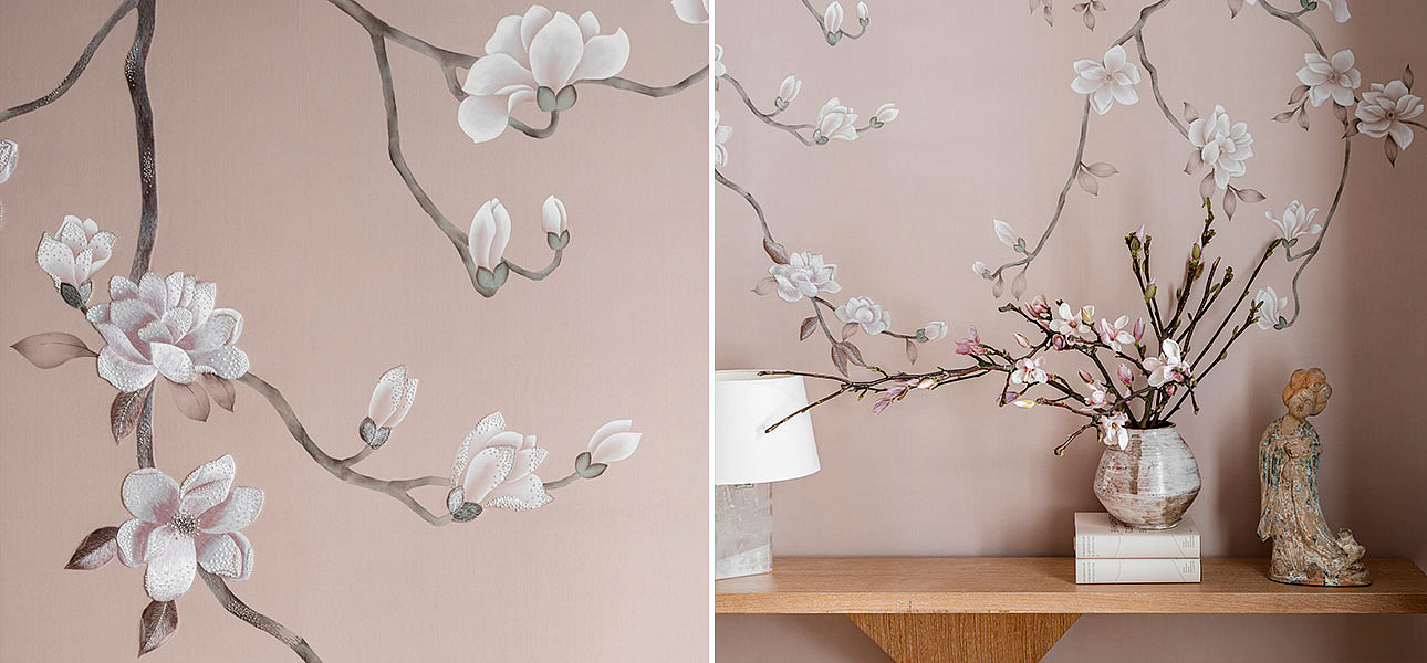 Обои Magnolia Canopy Original colourway on Almost Mauve dyed silk with embroidery Обои Magnolia Canopy Original colourway on Almost Mauve dyed silk with embroidery - Loft-Concept в Челябинске