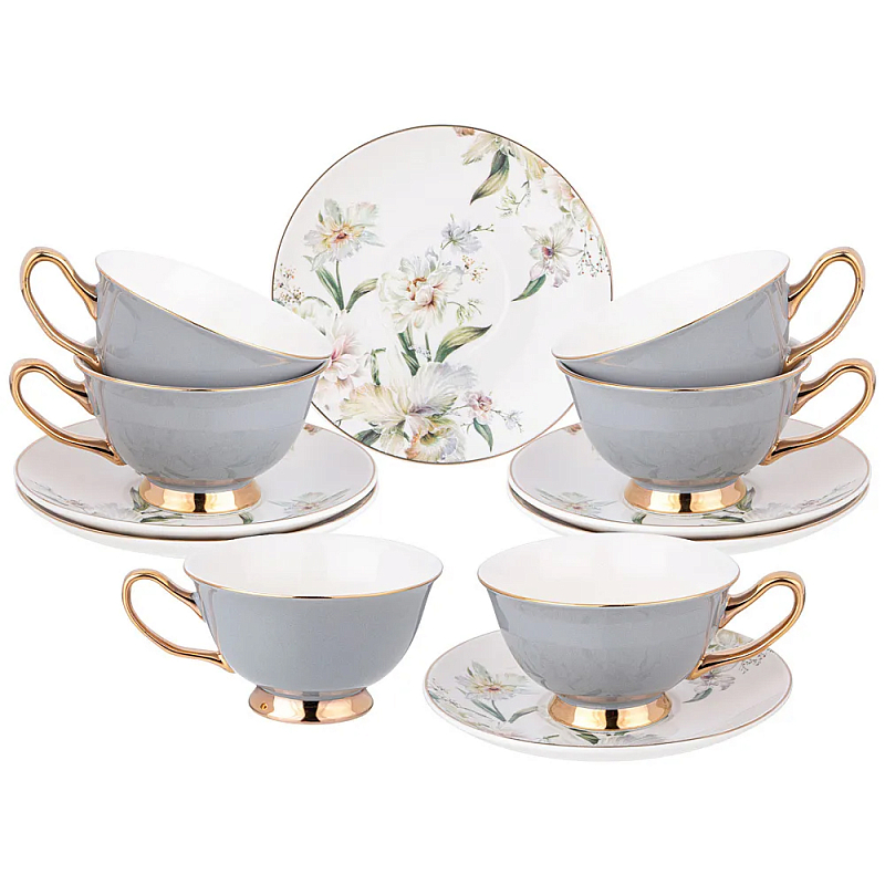 Чайный набор из фарфора на 6 персон Grey Tea Porcelain Set Белый Золотой Серый Чайный набор из фарфора на 6 персон Grey Tea Porcelain Set Белый Золотой Серый в Челябинске | Loft Concept