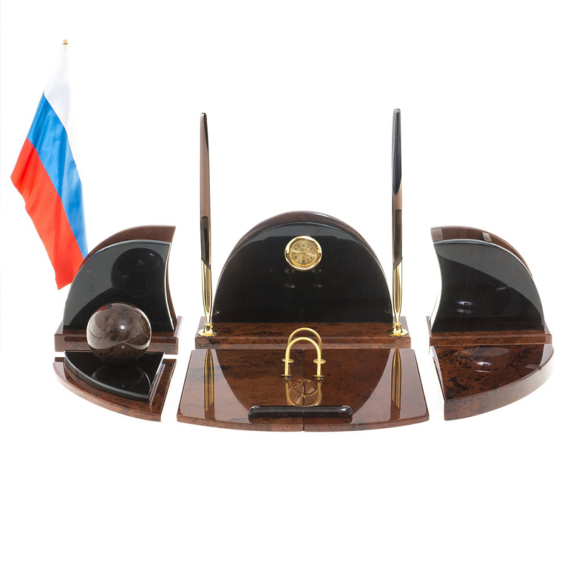 Настольный письменный набор с часами из природного камня обсидиана Oval Office Коричневый Бронза Настольный письменный набор с часами из природного камня обсидиана Oval Office Коричневый Бронза в Челябинске | Loft Concept