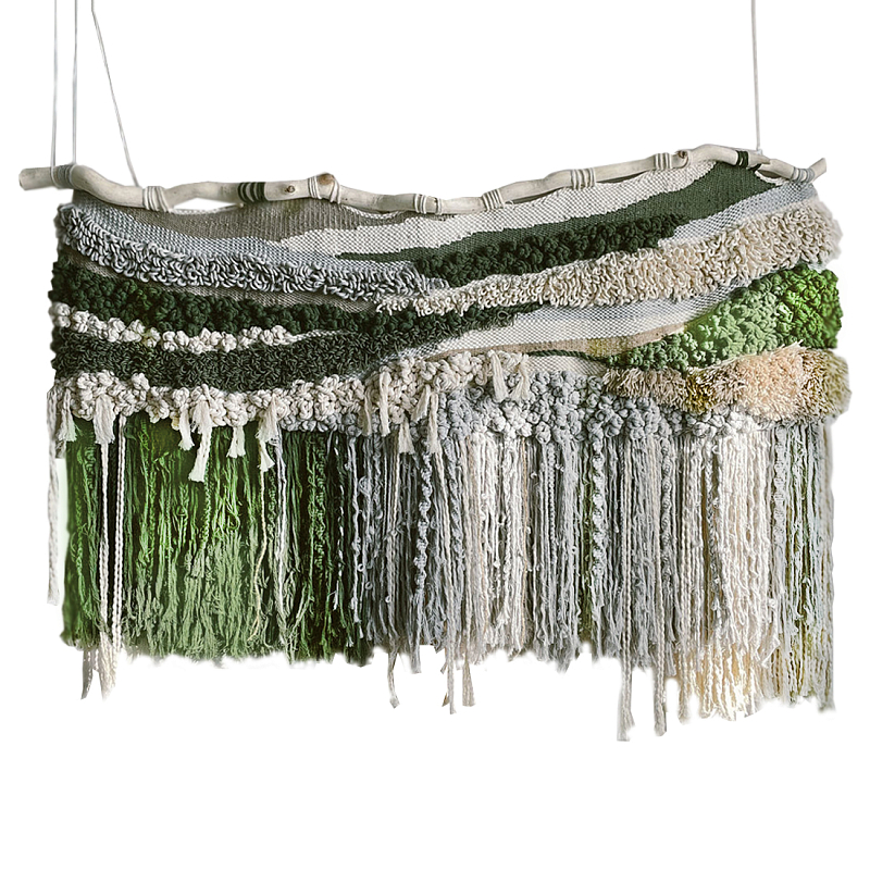 Дизайнерское текстильное Панно с зелеными вставками Бежевый Коричневый Зеленый в Челябинске | Loft Concept 