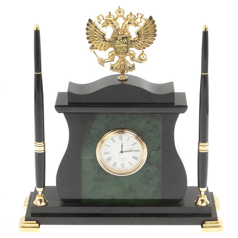 Часы настольные с Гербом России и 2-мя шариковыми ручками в комплекте Stone Clock Черный Зеленый Коричневый Бронза в Челябинске | Loft Concept 