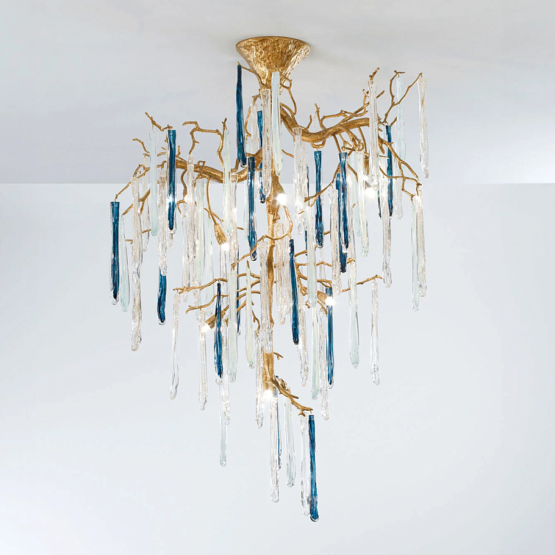 Люстра с прозрачными и голубыми подвесками в форме капель Droplet Chandelier Золотой Прозрачный Синий Люстра с прозрачными и голубыми подвесками в форме капель Droplet Chandelier Золотой Прозрачный Синий в Челябинске | Loft Concept