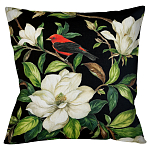 Декоративная подушка чёрная с изображением птицы в саду Blooming Red Birds варинант исполнения - 1 | Loft Concept в Челябинске