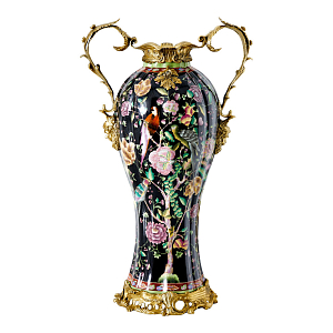 Ваза из фарфора черная с цветочной росписью и бронзовыми элементами Spring Garden