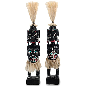 Комплект из 2-х деревянных статуэток Asmat Straw Headdress Statuettes Black Turquoise