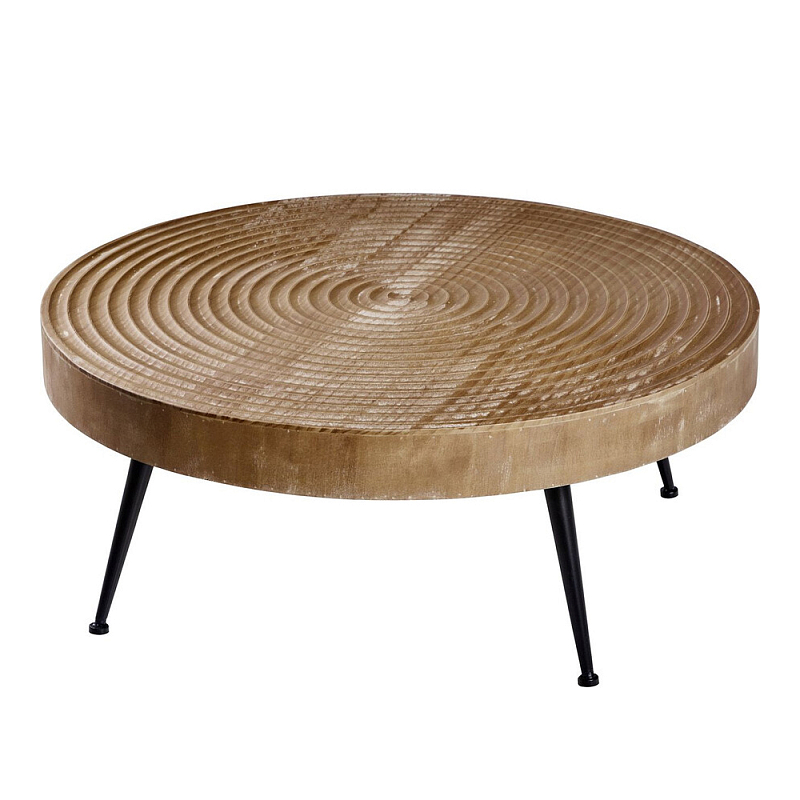Журнальный столик с круглой фактурной столешницей из натурального дерева Vortex Коричневый Черный в Челябинске | Loft Concept 