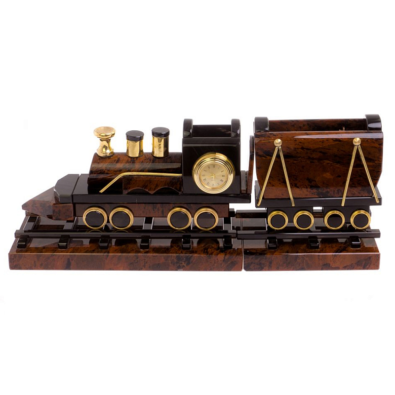 Часы настольные в виде паровоза из натурального камня Обсидиан Train Stone Clock Коричневый Золотой Часы настольные в виде паровоза из натурального камня Обсидиан Train Stone Clock Коричневый Золотой в Челябинске | Loft Concept